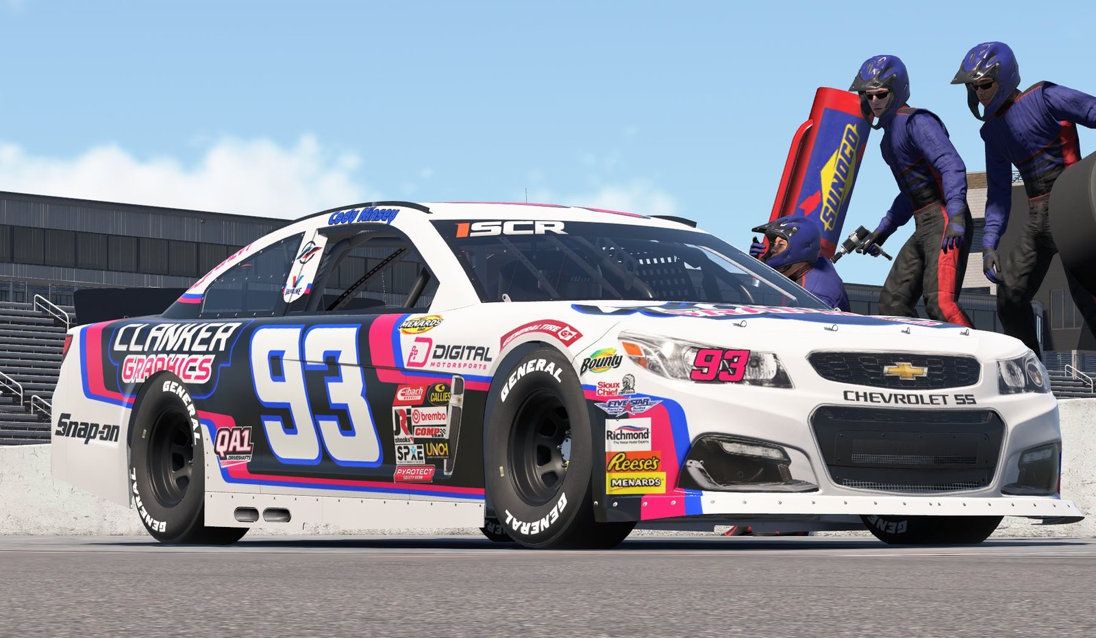 Number 93 Chevrolet SS stock car on pit road in a paint built by Clanker Graphics